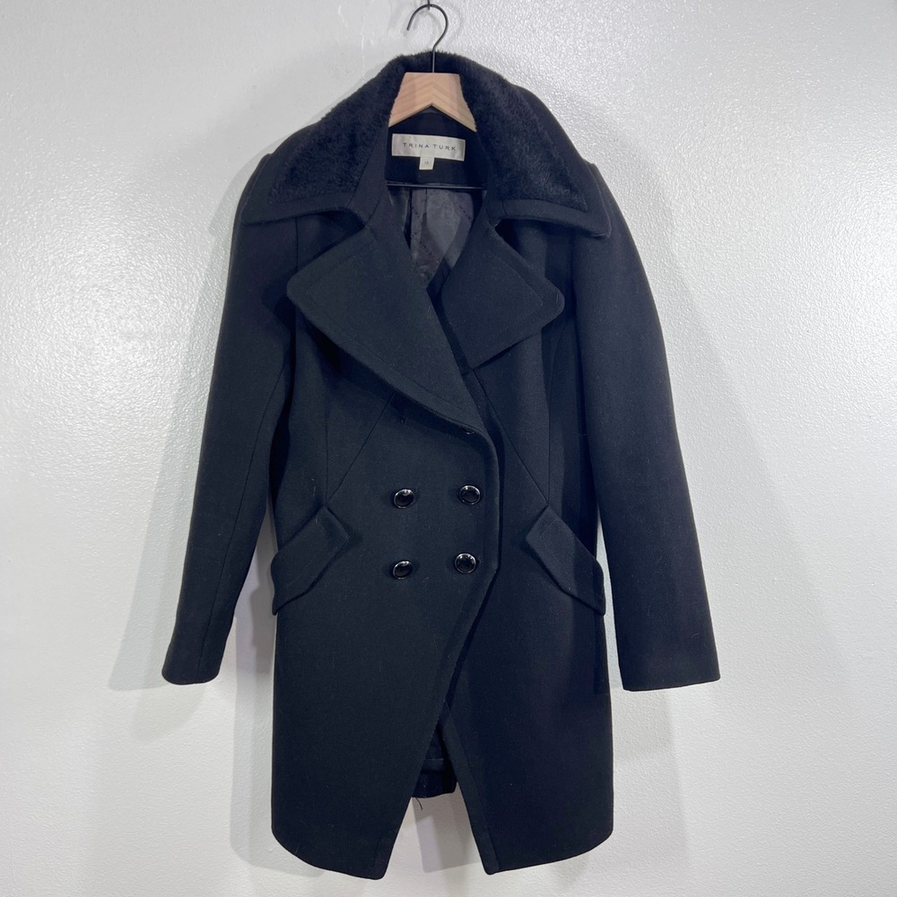 Trina Turk Wool Blend Double Breasted Coat Size 12 Women's Black Peacoat Jacket